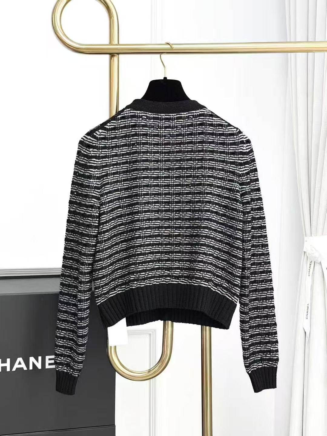 Chanel 25P Black and Gray Striped Crew Neck Long Sleeve Knit Cardigan