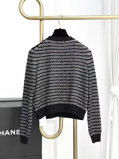 Chanel 25P Black and Gray Striped Crew Neck Long Sleeve Knit Cardigan