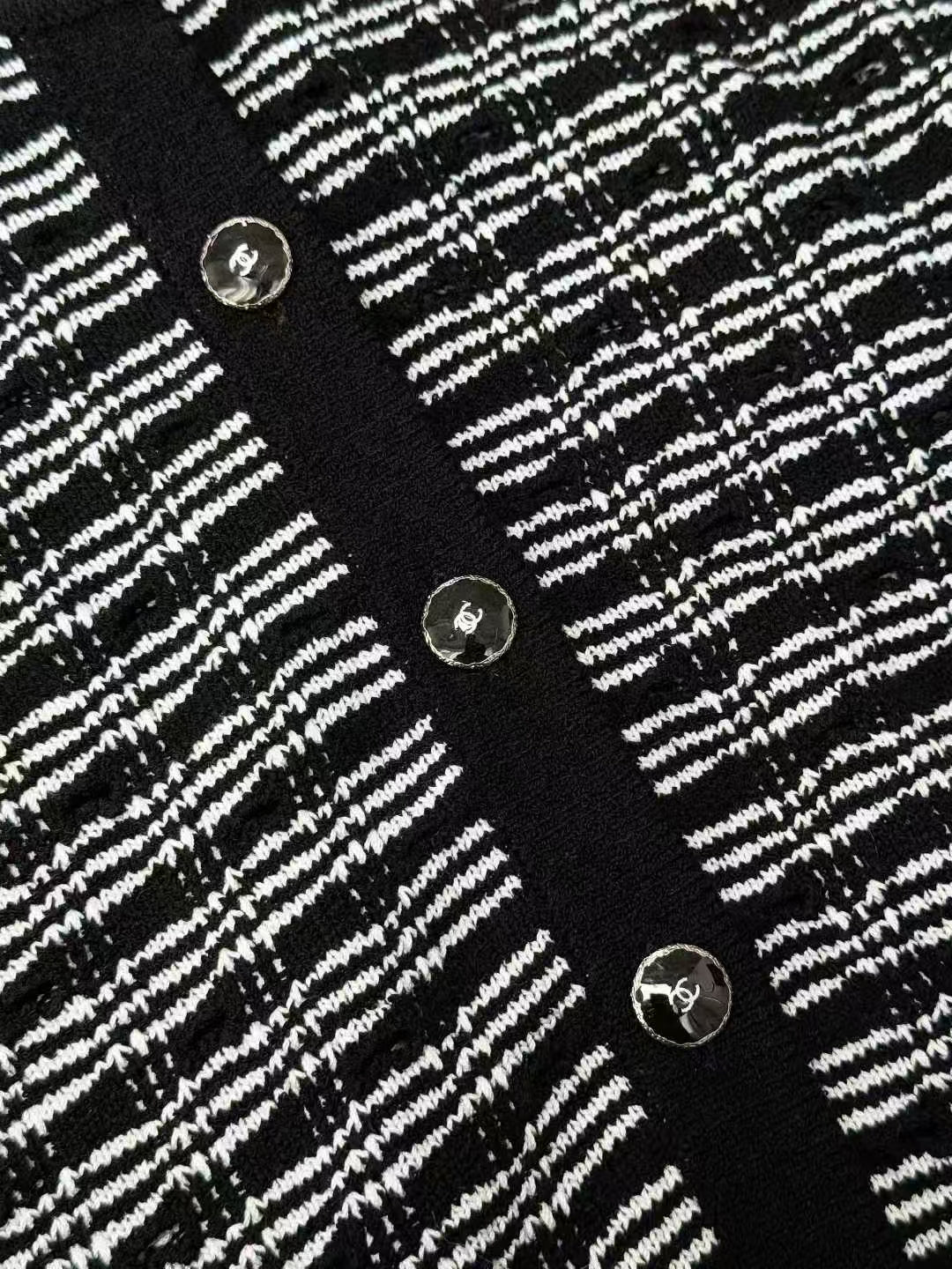 Chanel 25P Black and Gray Striped Crew Neck Long Sleeve Knit Cardigan