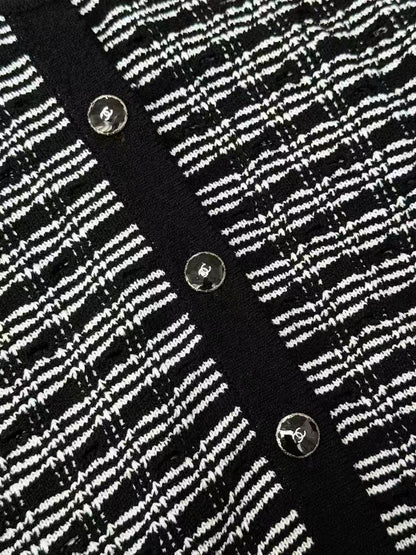 Chanel 25P Black and Gray Striped Crew Neck Long Sleeve Knit Cardigan