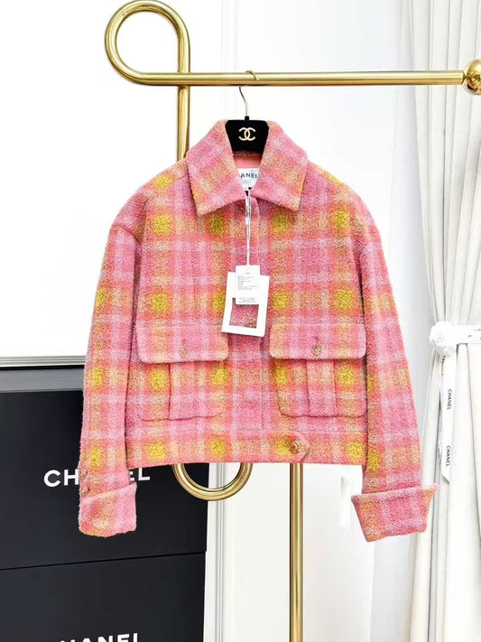 Chanel 24K Orange and Pink Check Wool Tweed Jacket
