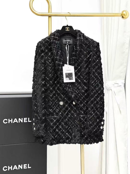 Chanel 22B Black Diamond Quilted Double-Breasted Eco-Fur Coat
