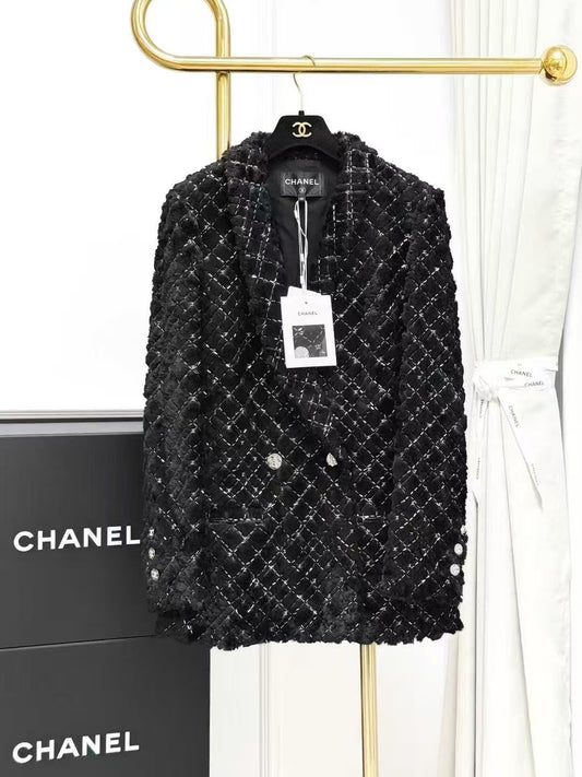 Chanel 22B Black Diamond Quilted Double-Breasted Eco-Fur Coat