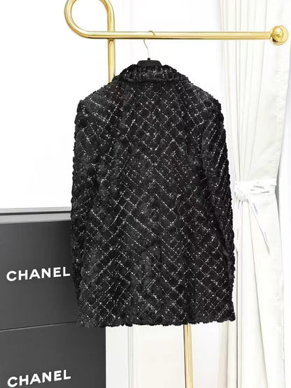 Chanel 22B Black Diamond Quilted Double-Breasted Eco-Fur Coat