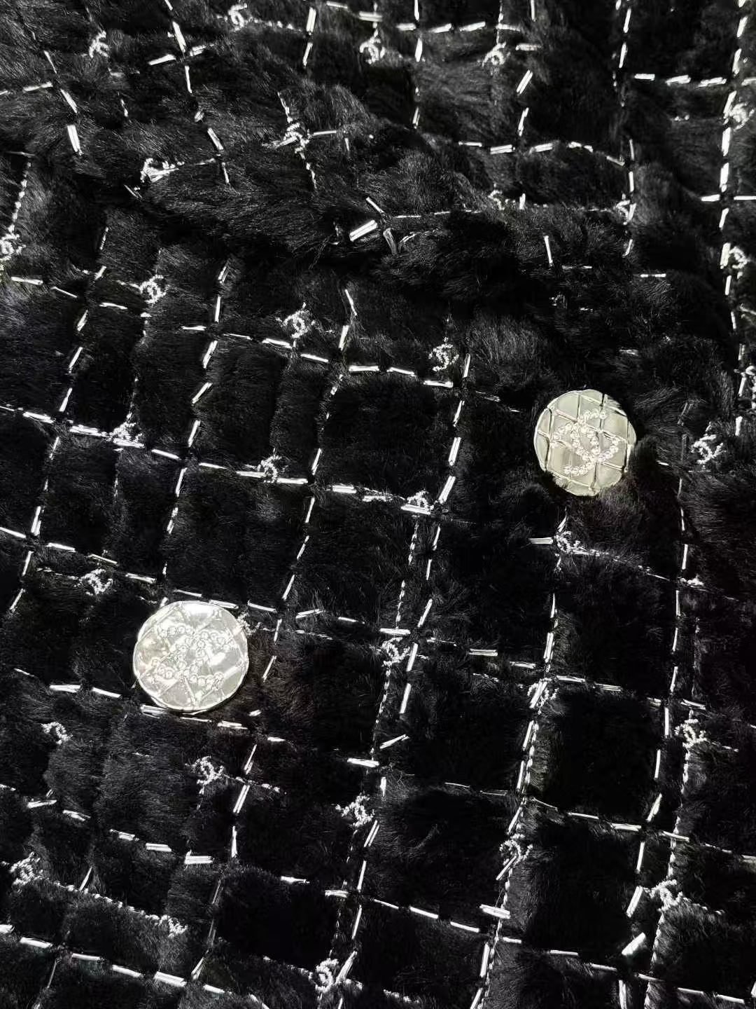 Chanel 22B Black Diamond Quilted Double-Breasted Eco-Fur Coat