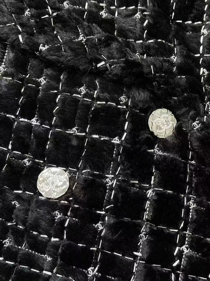 Chanel 22B Black Diamond Quilted Double-Breasted Eco-Fur Coat