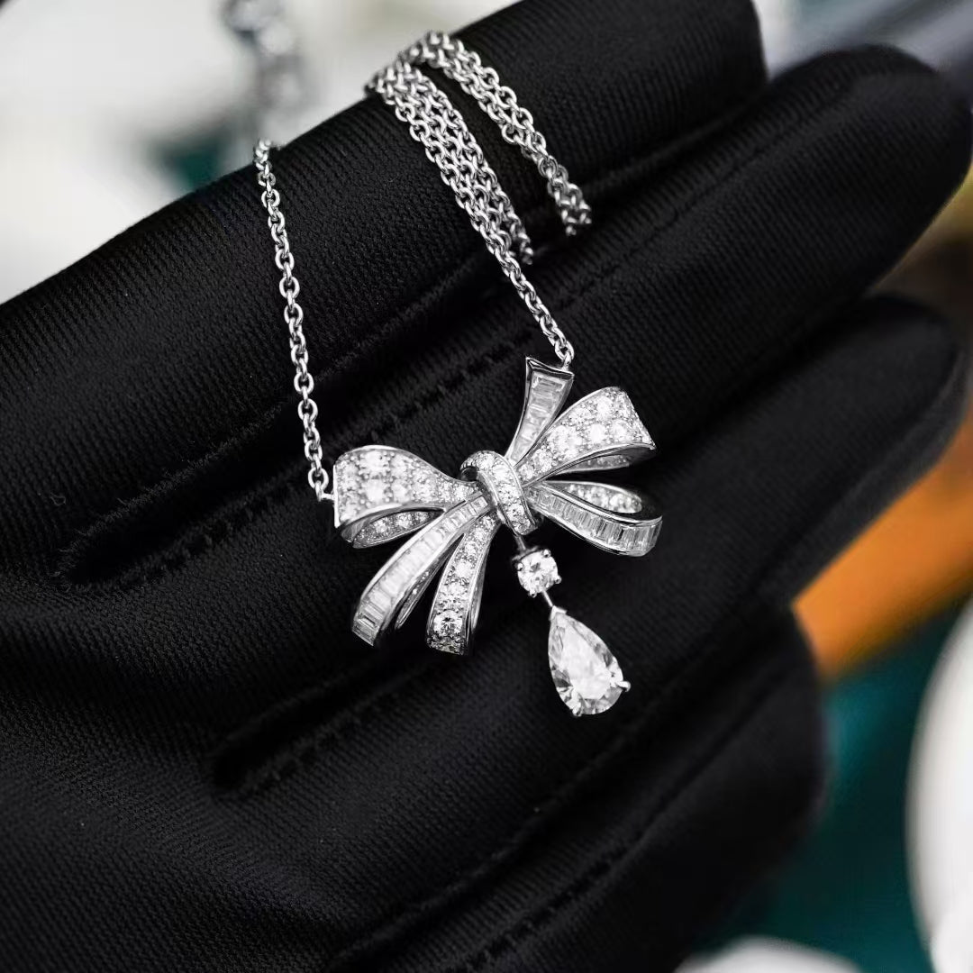 Graff Platinum Diamond-Encrusted Bow Drop Necklace