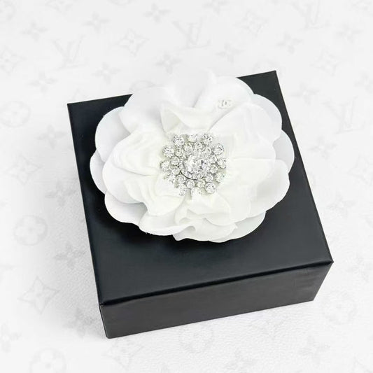 Chanel 25A Runway Collection Crystal-Embellished White Silk Camellia Brooch