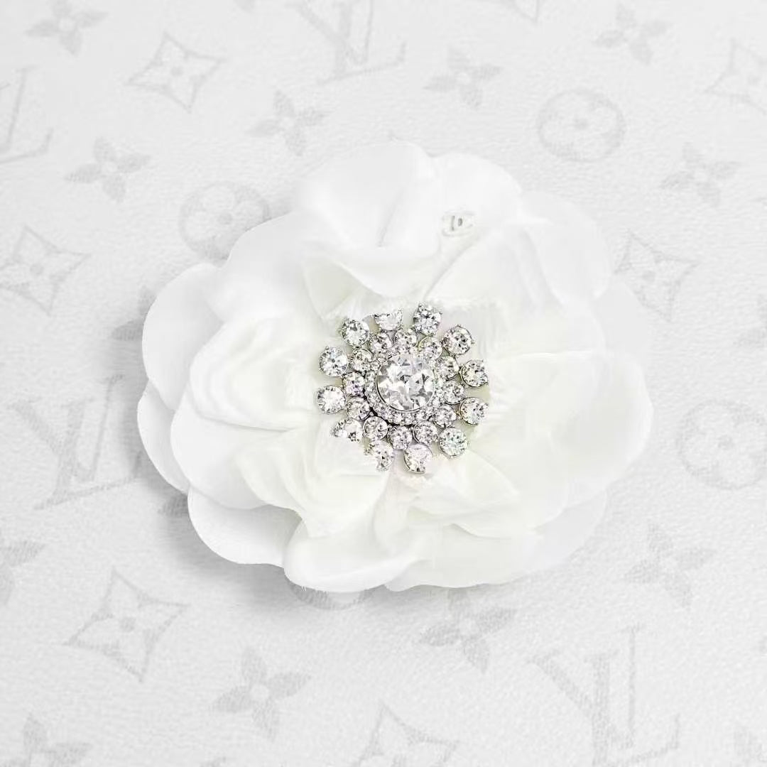 Chanel 25A Runway Collection Crystal-Embellished White Silk Camellia Brooch
