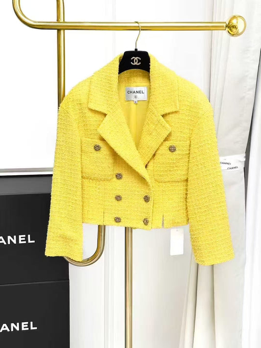 Chanel 22S Yellow Knitted Collar Double-Breasted Short Jacket