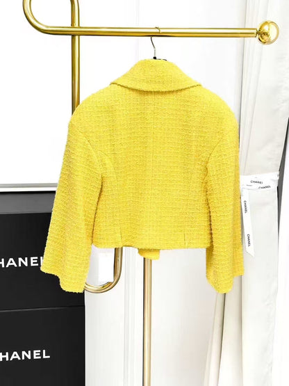 Chanel 22S Yellow Knitted Collar Double-Breasted Short Jacket