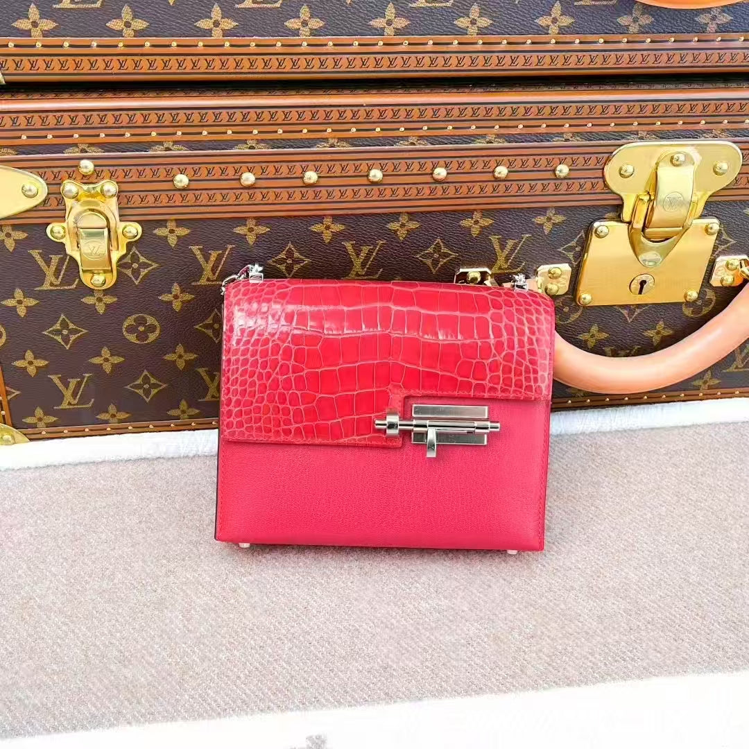 Hermès Verrou Mini Touch Crocodile and Goatskin A5 Rhododendron Red Pistol Bag
