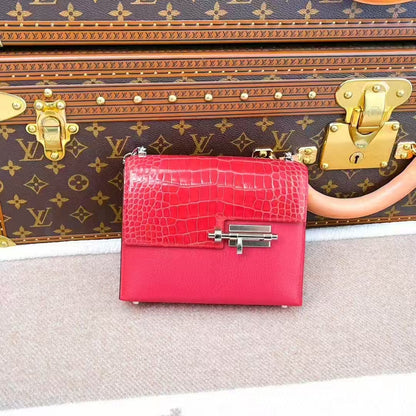 Hermès Verrou Mini Touch Crocodile and Goatskin A5 Rhododendron Red Pistol Bag