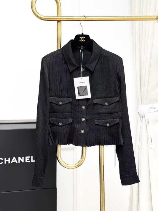 Chanel 25A Black Silk Jacquard Pleated Jacket, Shirt