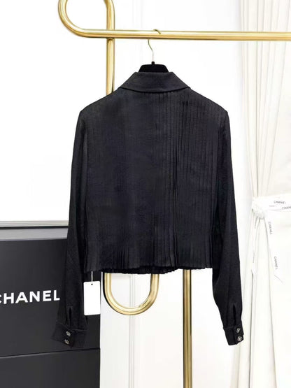 Chanel 25A Black Silk Jacquard Pleated Jacket, Shirt