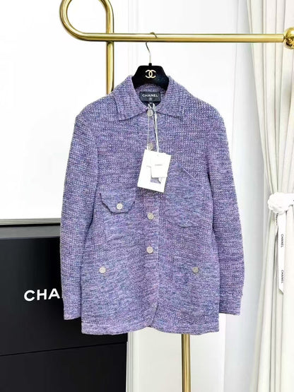 Chanel 25P Purple Melange Collared Knit Cardigan, Outerwear