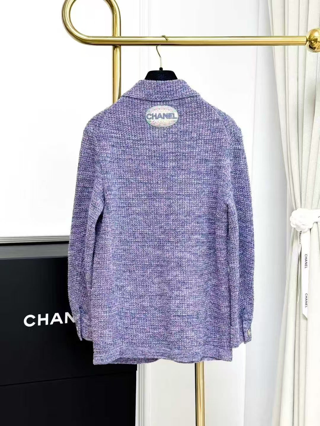 Chanel 25P Purple Melange Collared Knit Cardigan, Outerwear