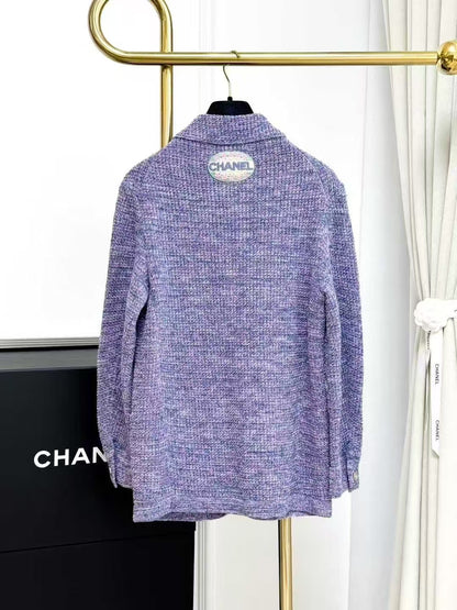 Chanel 25P Purple Melange Collared Knit Cardigan, Outerwear