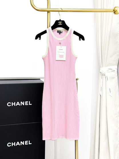 Chanel 25M Pink Knit Sleeveless Tank Dress with White Vertical Stripes