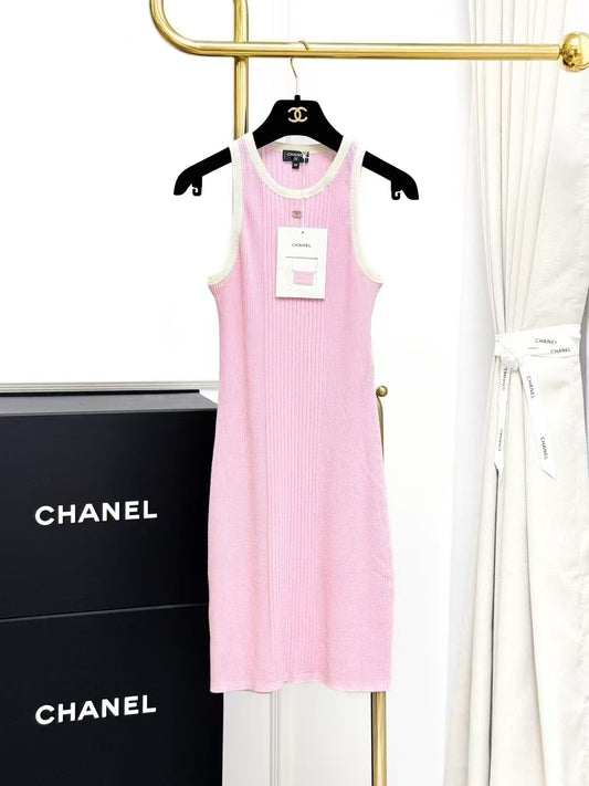 Chanel 25M Pink Knit Sleeveless Tank Dress with White Vertical Stripes