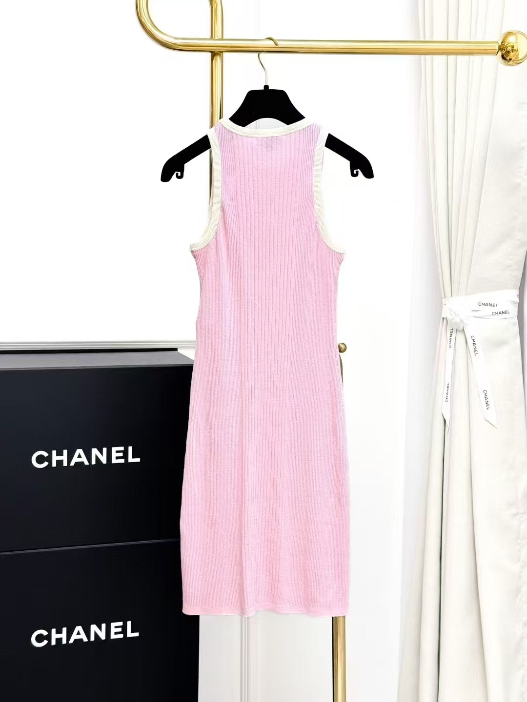 Chanel 25M Pink Knit Sleeveless Tank Dress with White Vertical Stripes