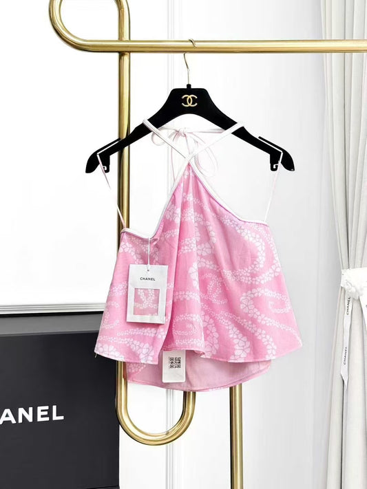 Chanel 25M Coco Beach Pink Printed Halter Neck Tie-Front Top