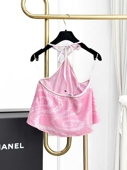 Chanel 25M Coco Beach Pink Printed Halter Neck Tie-Front Top