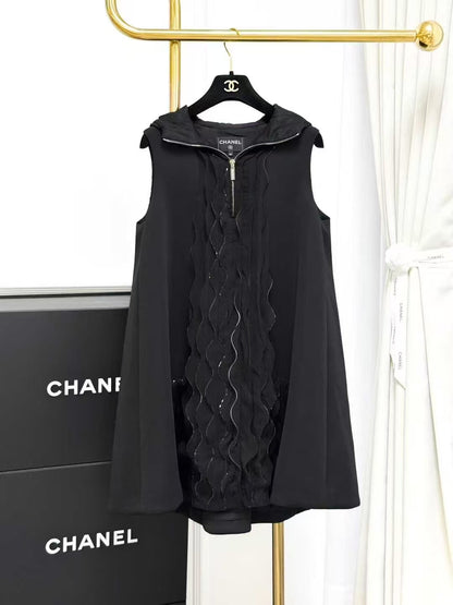 Chanel 25C Black Silk Ripple Sleeveless Hooded Jellyfish Dress