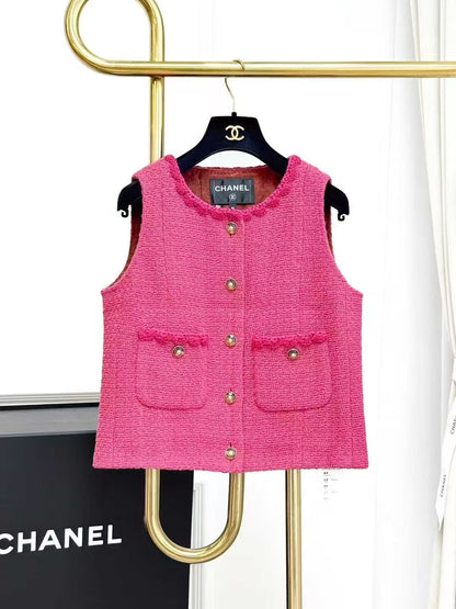 Chanel 24A Peach Pink Lace-Trimmed Sleeveless Knit Vest