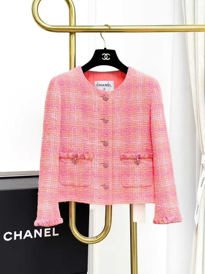 Chanel 24C Pre-Spring Orange-Pink Tweed Round-Neck Short Jacket