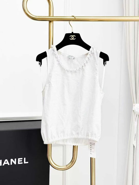 Chanel 25P White Pearl Collar Sleeveless Tank Top