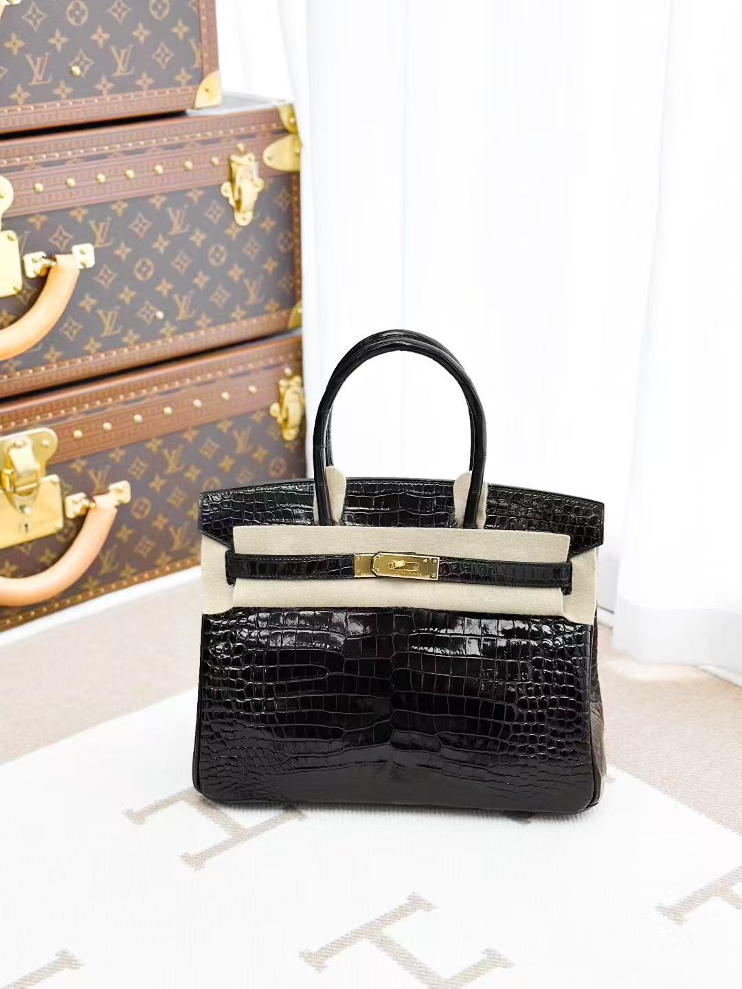 Hermes Birkin 30 Black with gold hardware, glossy alligator leather