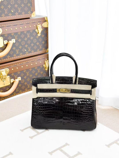Hermes Birkin 30 Black with gold hardware, glossy alligator leather