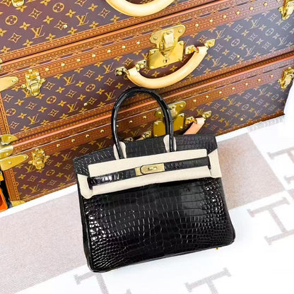 Hermes Birkin 30 Black with gold hardware, glossy alligator leather