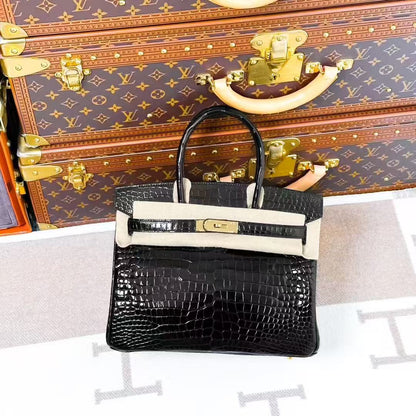 Hermes Birkin 30 Black with gold hardware, glossy alligator leather