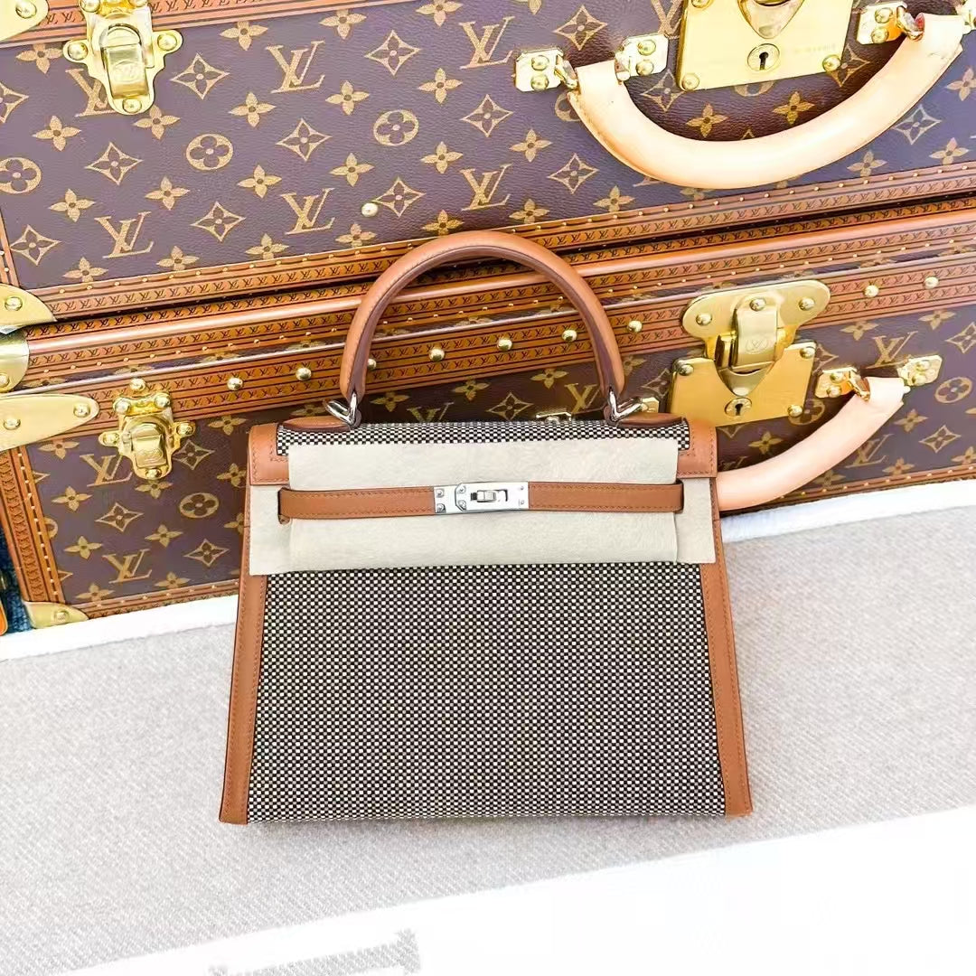 Hermes Kelly 25 in Golden Brown Waffle Check with Silver Buckle