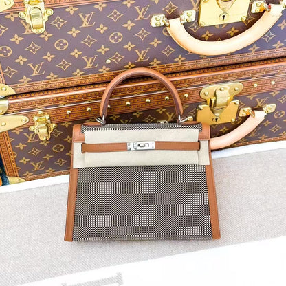 Hermes Kelly 25 in Golden Brown Waffle Check with Silver Buckle