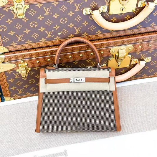 Hermes Kelly 25 in Golden Brown Waffle Check with Silver Buckle
