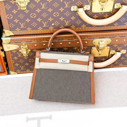 Hermes Kelly 25 in Golden Brown Waffle Check with Silver Buckle