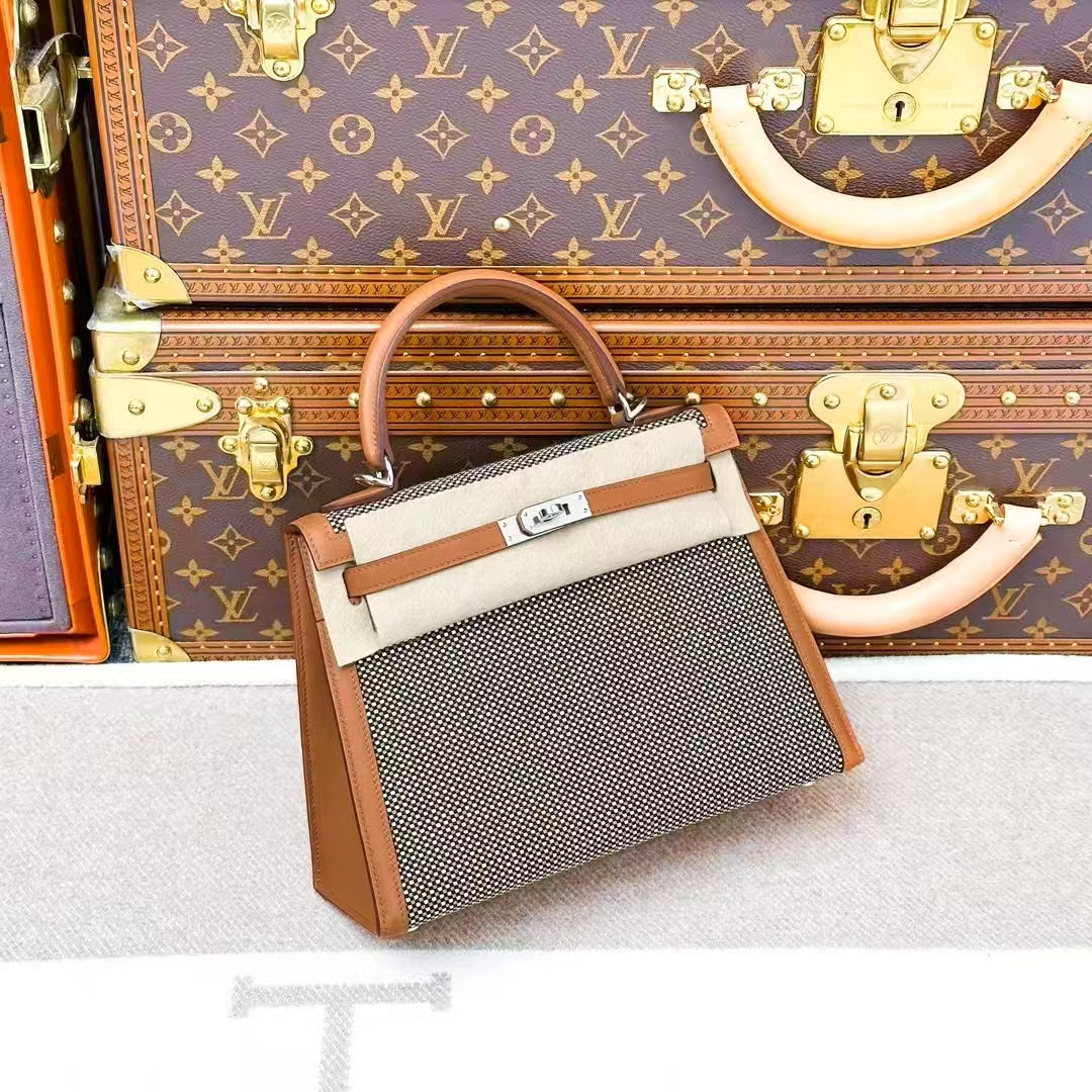 Hermes Kelly 25 in Golden Brown Waffle Check with Silver Buckle
