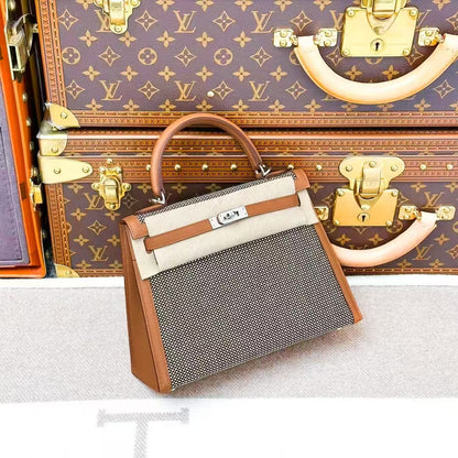 Hermes Kelly 25 in Golden Brown Waffle Check with Silver Buckle