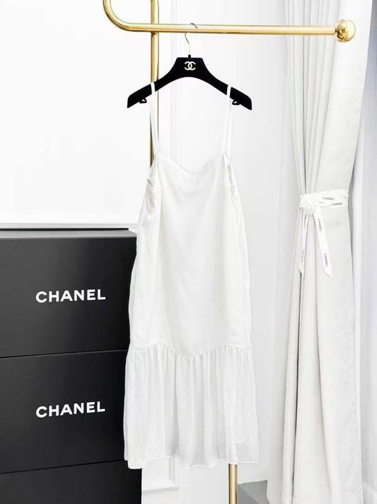 Chanel 25S Spring/Summer White Patchwork Silk Strapless Dress
