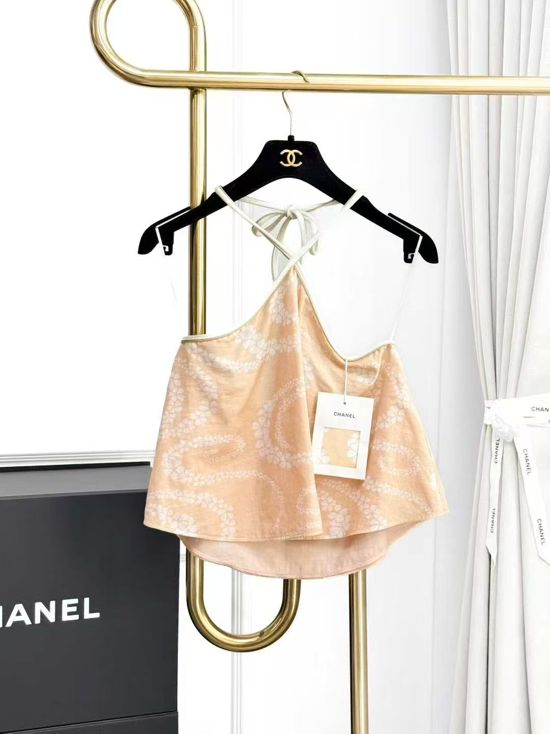 Chanel 25M Coco Beach Light Orange Printed Halter-Neck Tie-Front Top