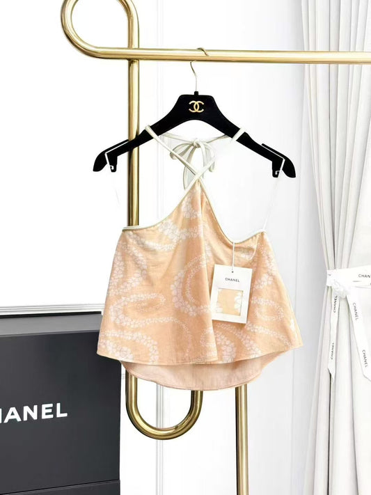 Chanel 25M Coco Beach Light Orange Printed Halter-Neck Tie-Front Top