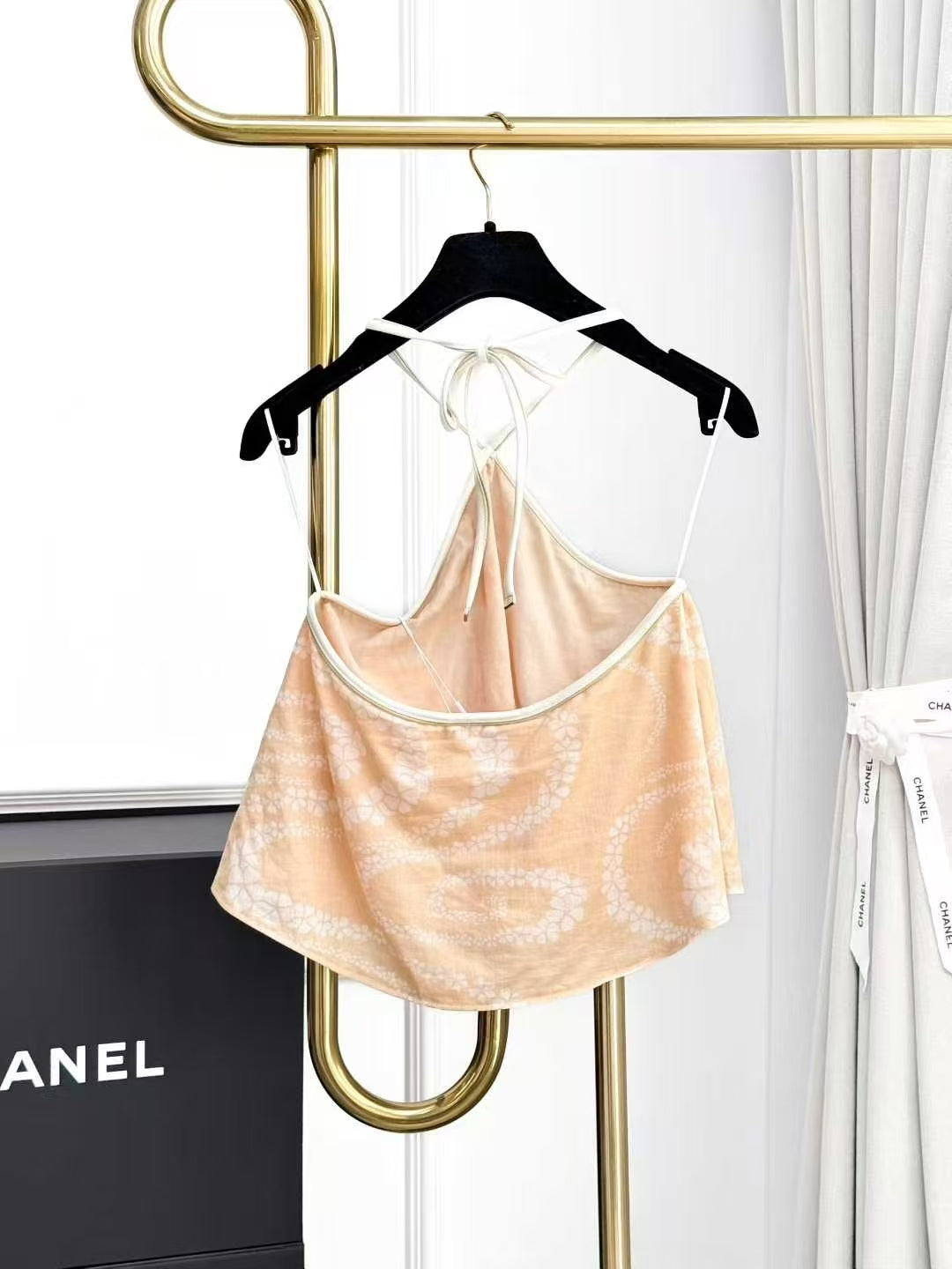 Chanel 25M Coco Beach Light Orange Printed Halter-Neck Tie-Front Top