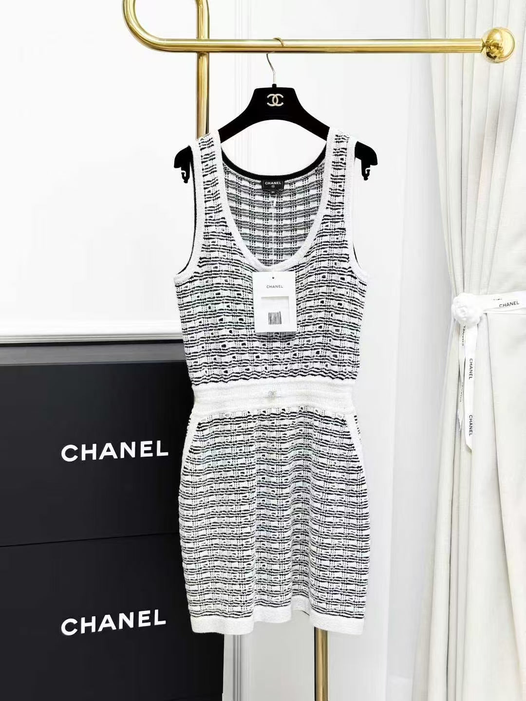 Chanel 25P Black and White Check Knit Tank Dress
