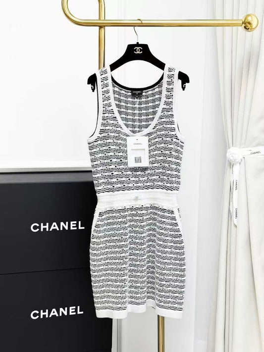 Chanel 25P Black and White Check Knit Tank Dress