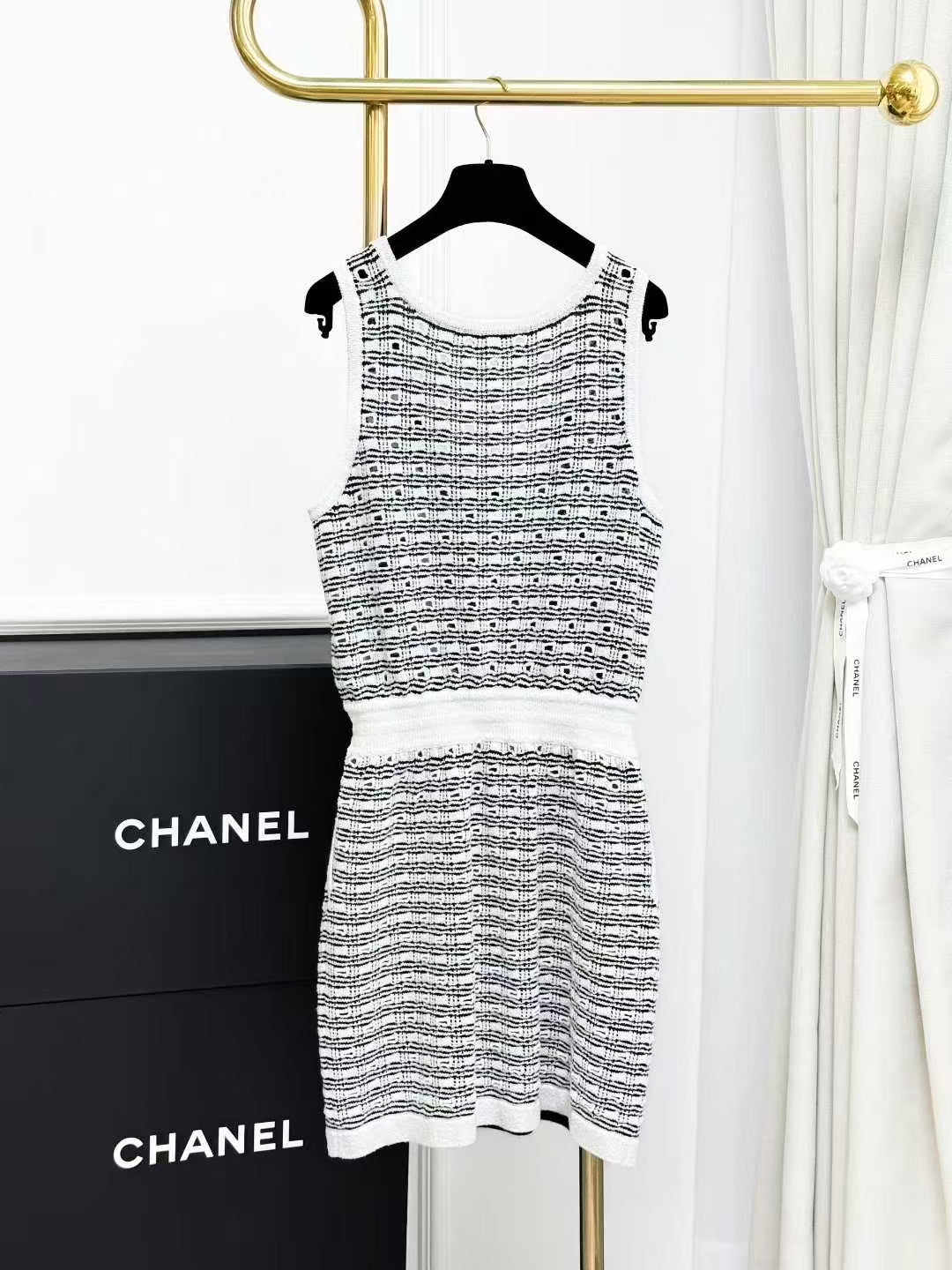 Chanel 25P Black and White Check Knit Tank Dress