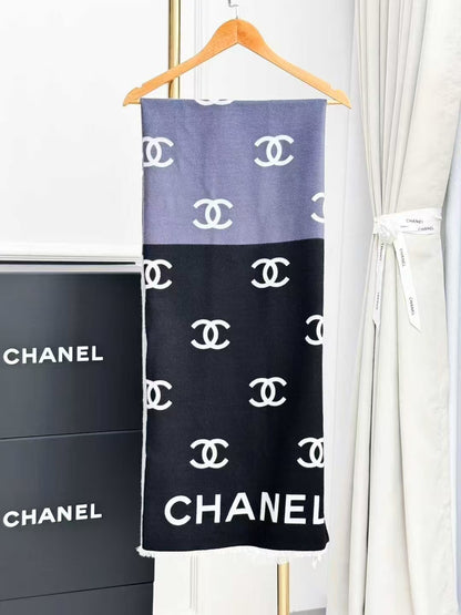 Chanel 25C Limited Edition Tri-Color All-Over Logo Print Wool Scarf