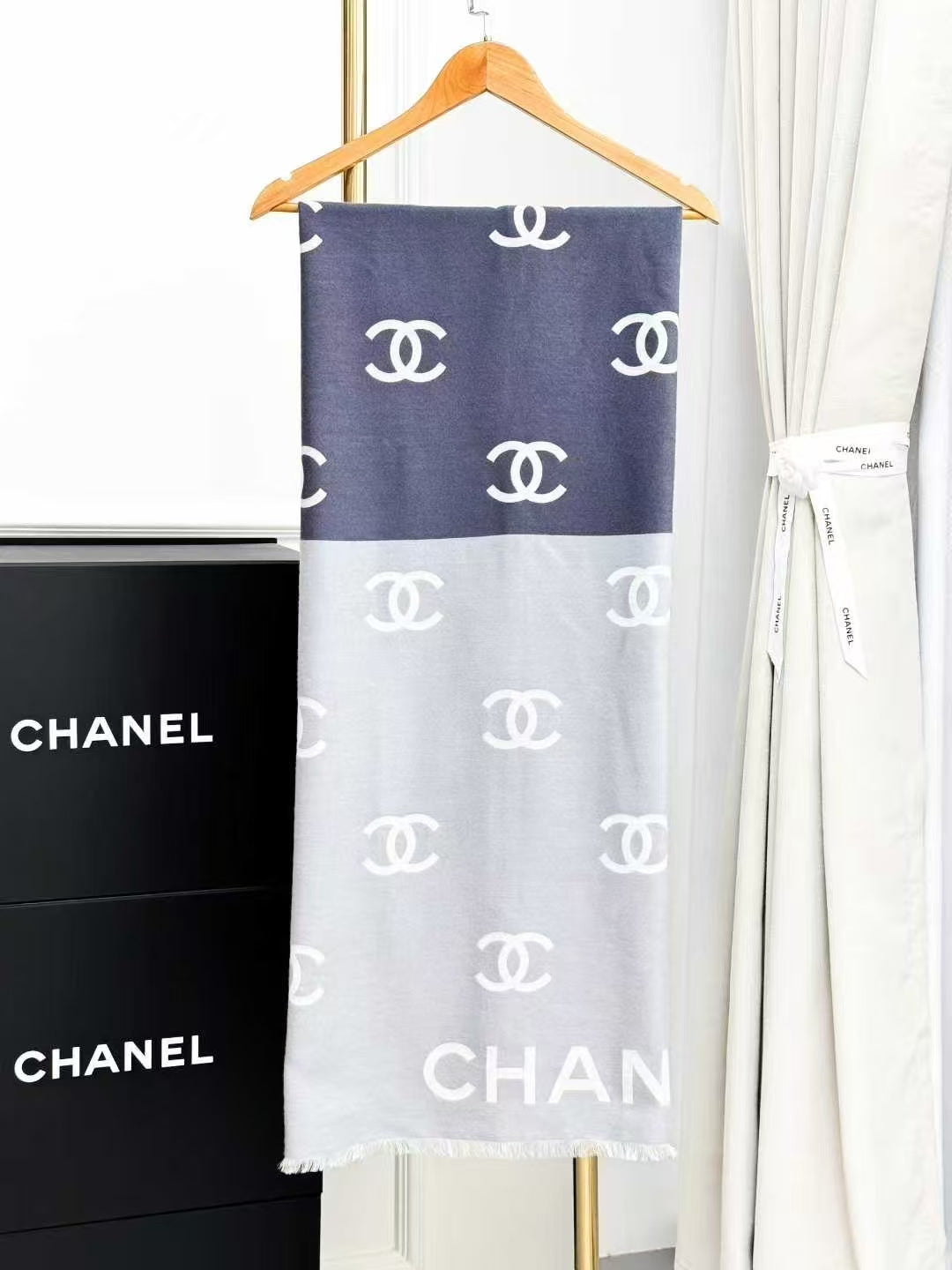 Chanel 25C Limited Edition Tri-Color All-Over Logo Print Wool Scarf
